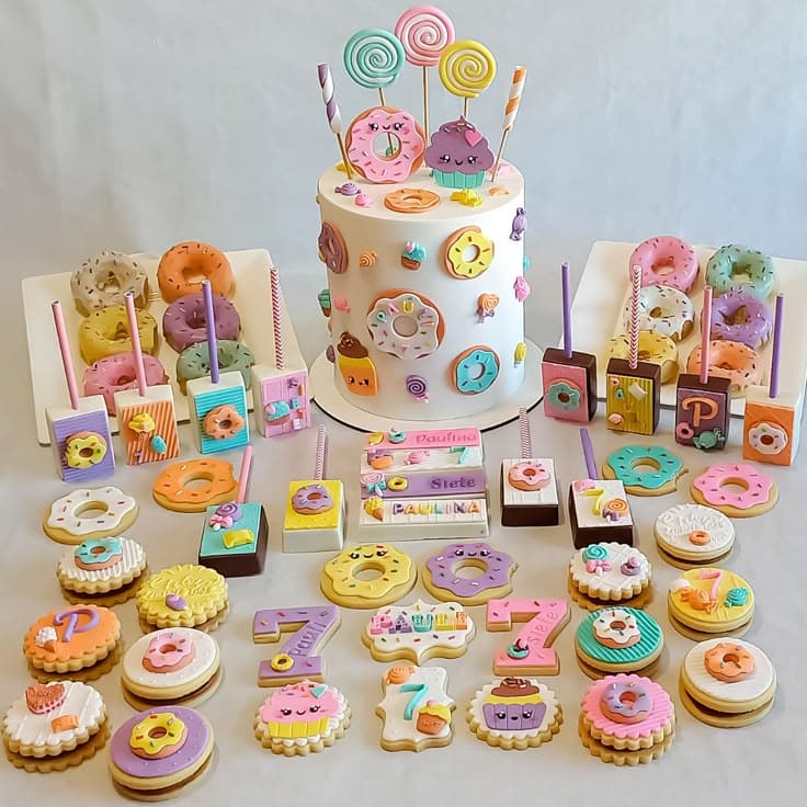 Pastel de cumpleaños número siete rodeado de galletas y dulces con temática de donas coloridas.