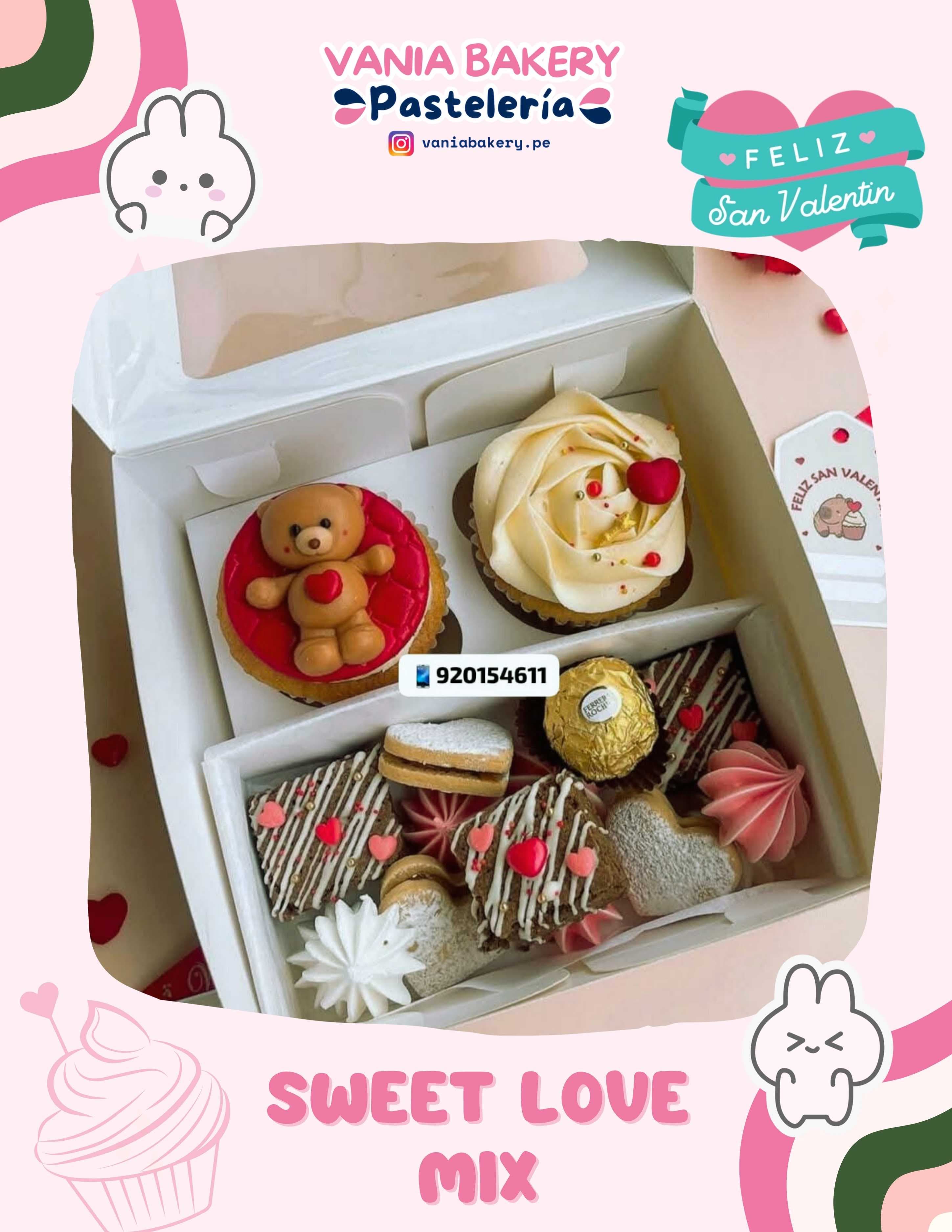 Caja de dulces de San Valentín con cupcakes de osito, brownies y galletas de corazones.