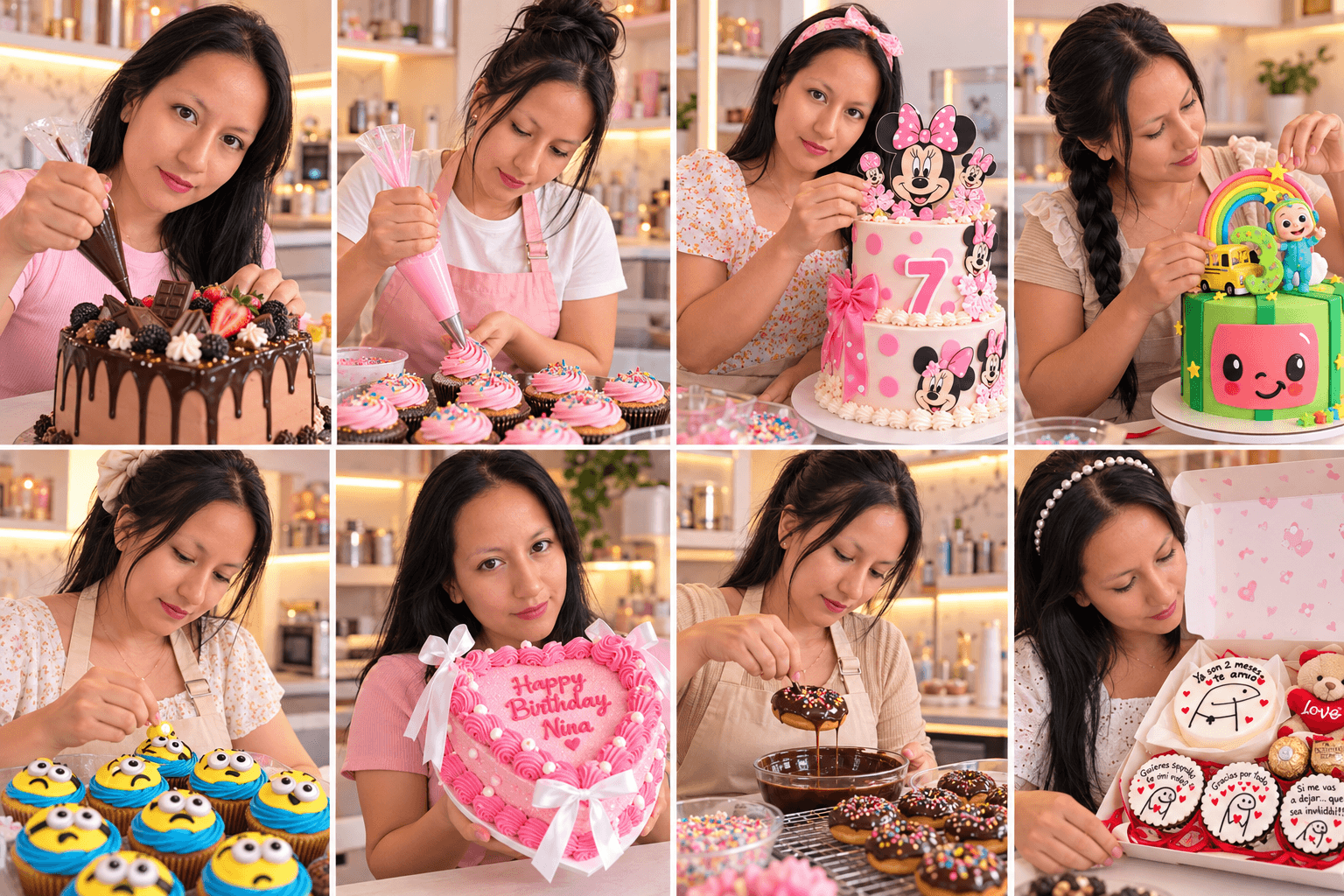 Una pastelera decora con precisión diversos pasteles temáticos, cupcakes y donas en su taller.