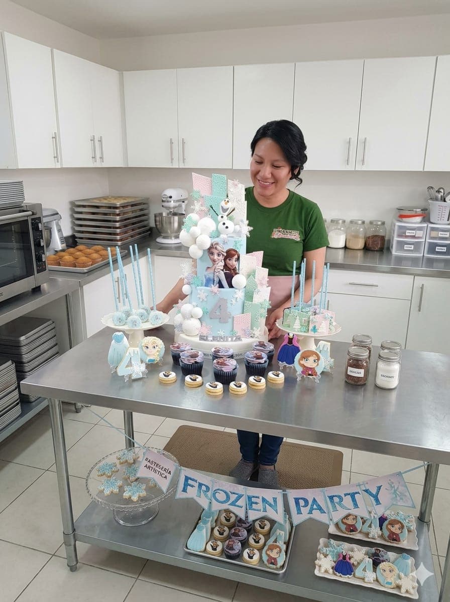 Mujer sonriente junto a una mesa con pastel de Frozen, cupcakes y galletas decoradas.