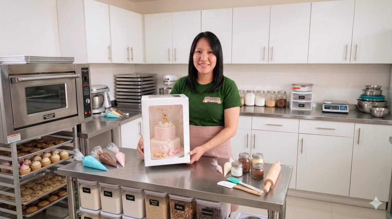 Repostera sonriente sosteniendo una caja con un pastel decorado en una cocina profesional equipada.