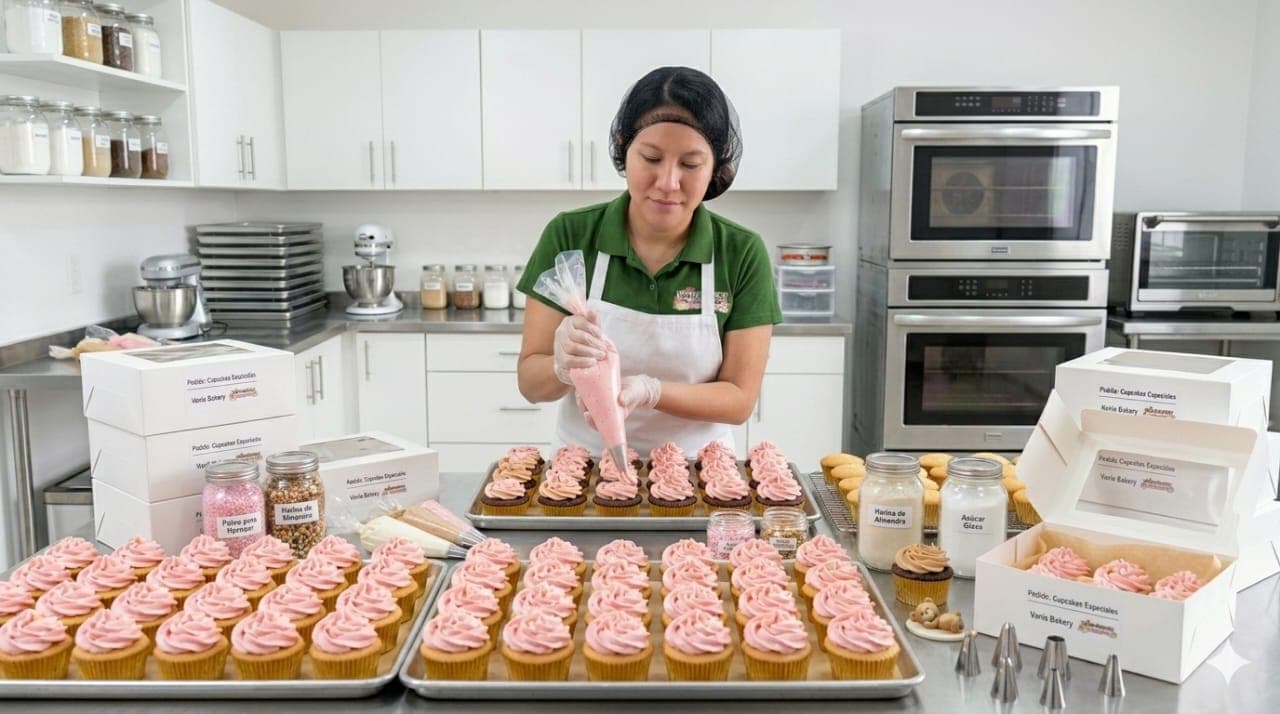 Pastelera decorando cupcakes con crema rosa en una cocina profesional con muchas bandejas y cajas.