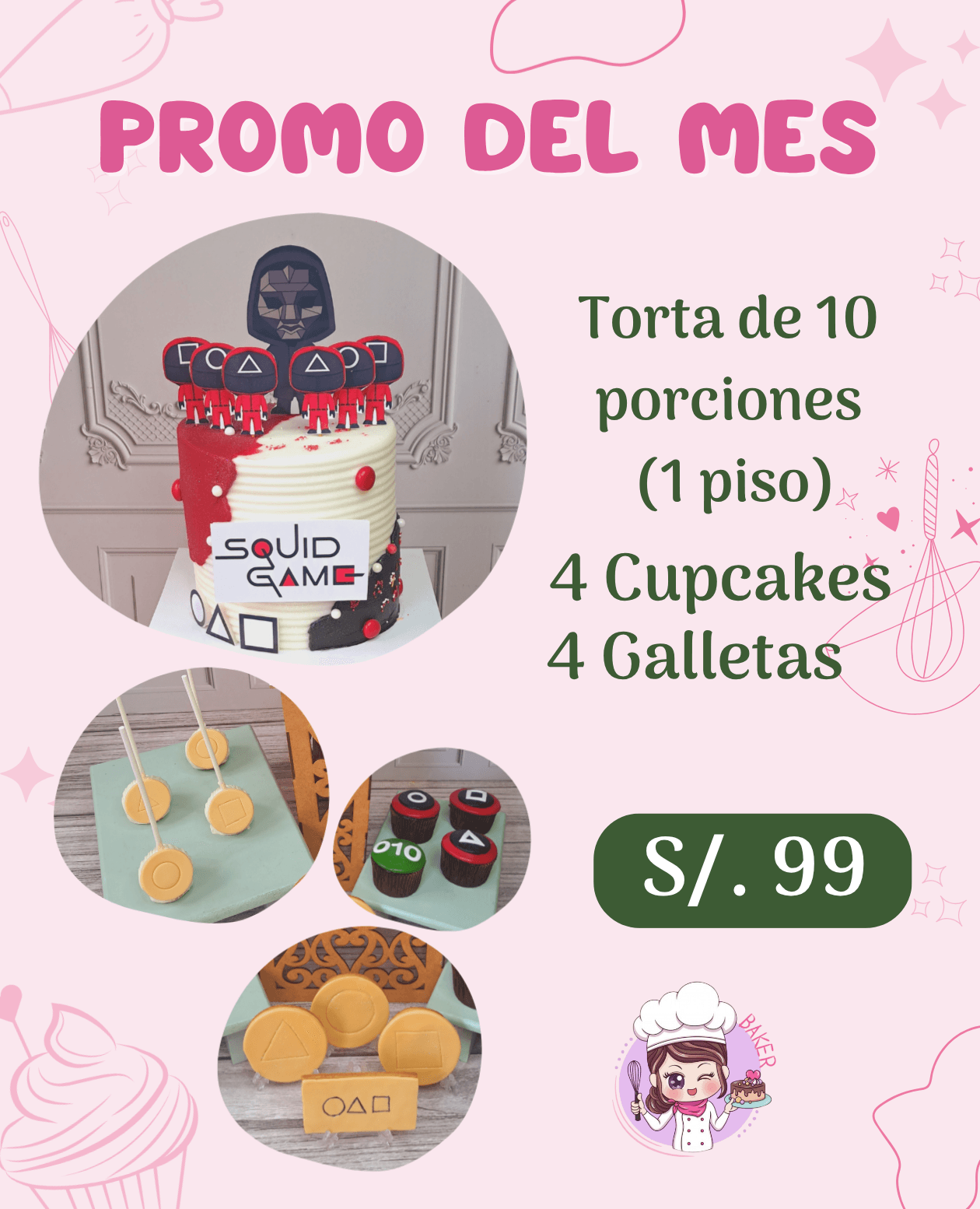 Torta, cupcakes y galletas decoradas con temática de la serie El Juego del Calamar.