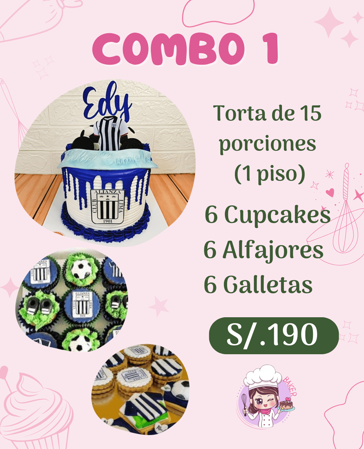 Combo de repostería temática de Alianza Lima con torta, cupcakes, alfajores y galletas decoradas.