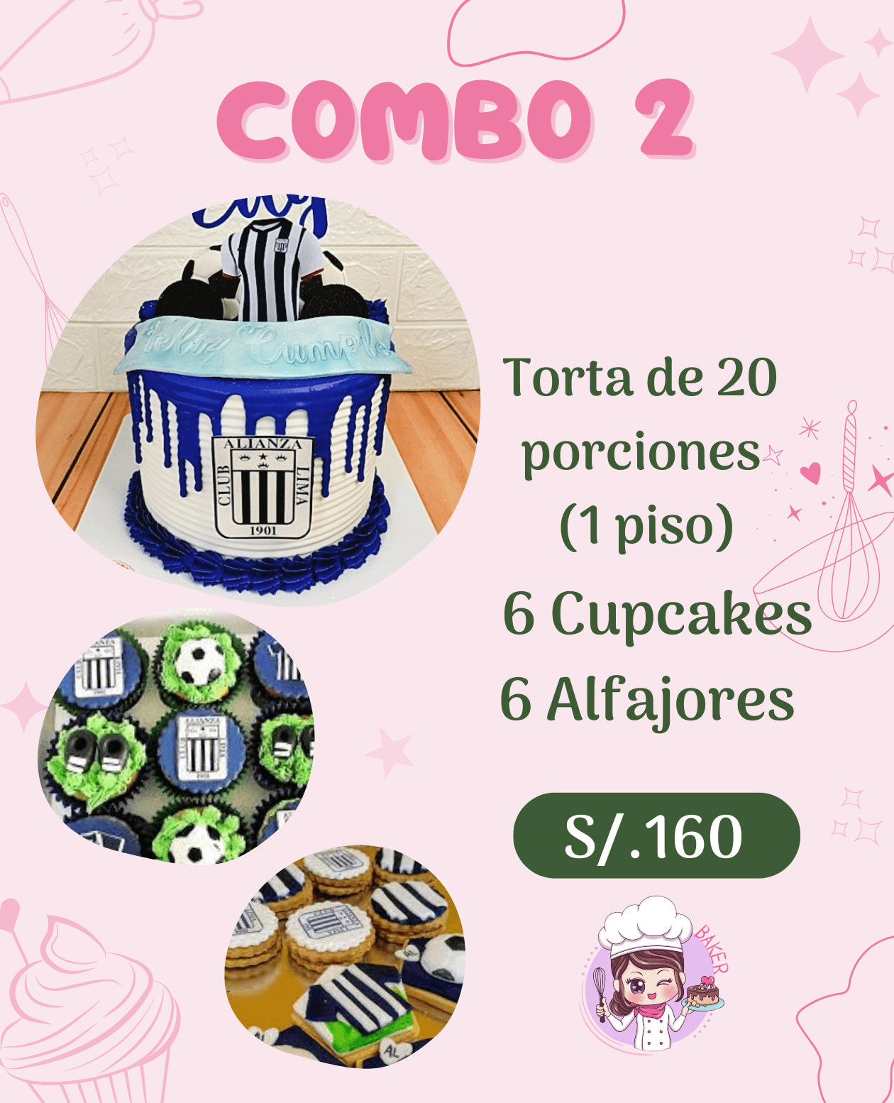 Combo de torta, cupcakes y alfajores temáticos del club Alianza Lima por 160 soles.