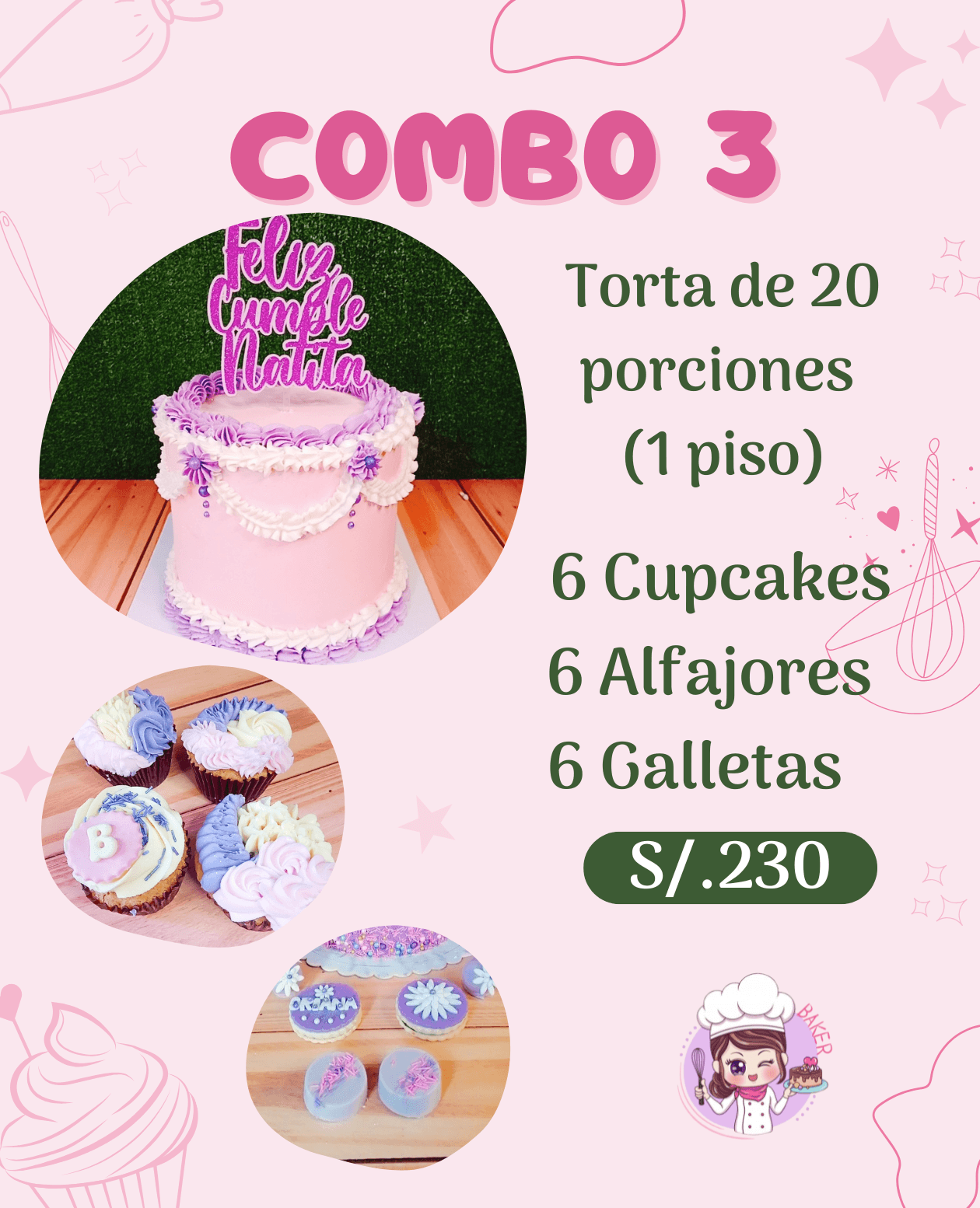 Publicidad de combo de repostería con torta, cupcakes, alfajores y galletas por 230 soles.