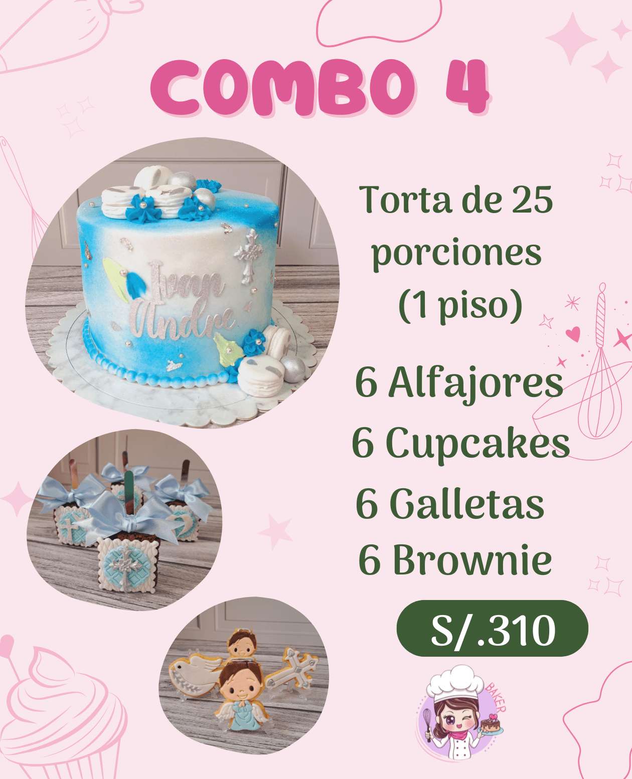 Publicidad de combo de repostería con torta azul, galletas de ángel y dulces temáticos religiosos.