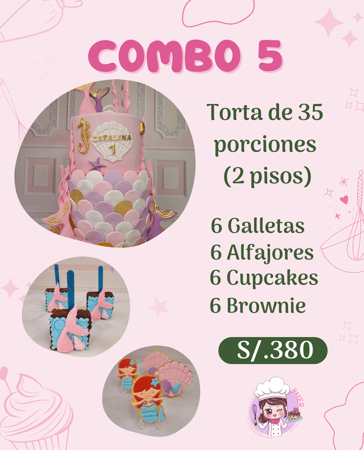 Torta de dos pisos, galletas y brownies con temática de sirena en un anuncio publicitario.